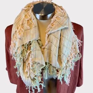 Large Womens Scarf with Fringe Cream Blue Striped Check 29" x 31"